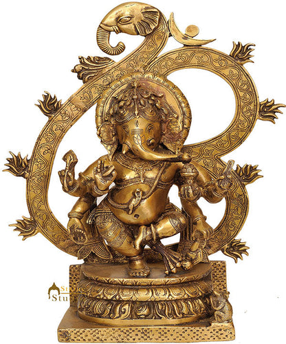 Om Aum Signage Ganesha Statue Base Brass Bronze Metal Six Arms Ganesha 16.5" by vendor-unknown - Hindu Gods
