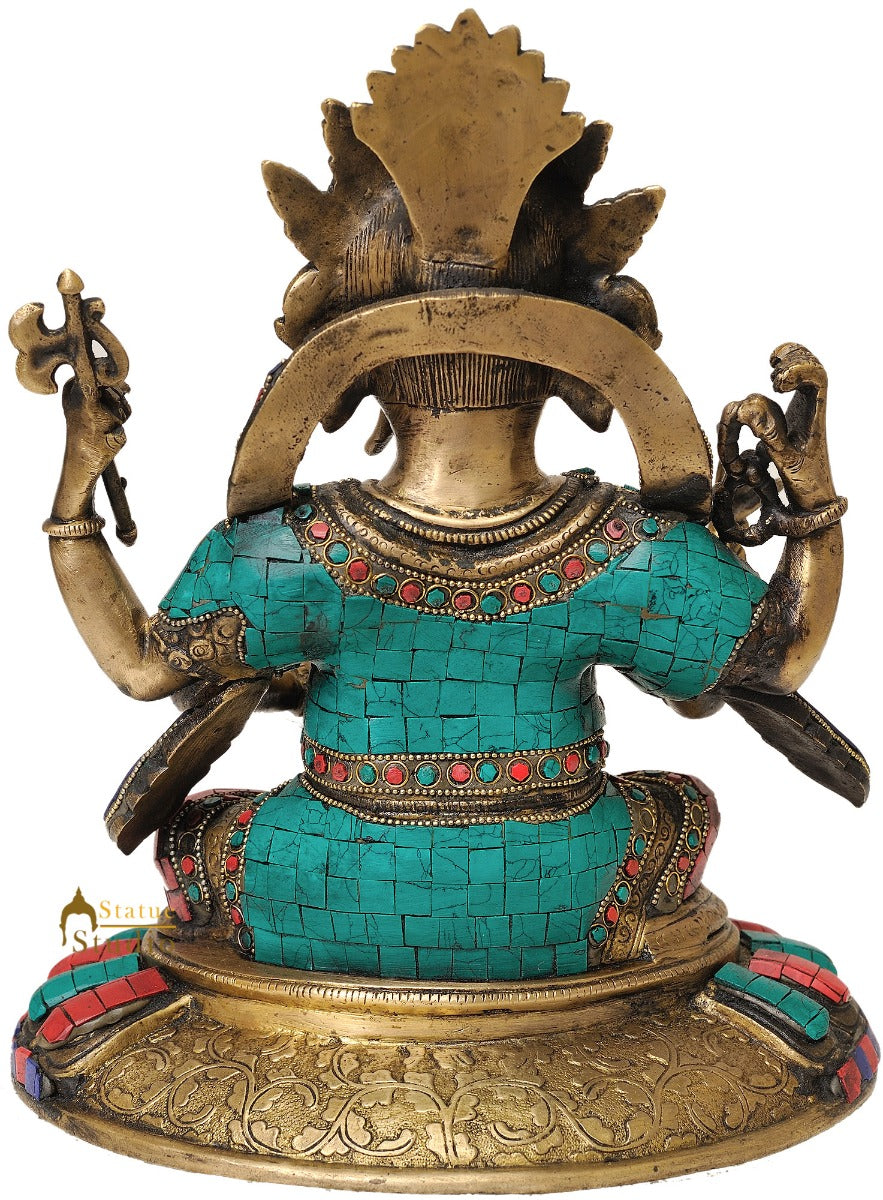 Turquoise Coral Inlay Work Lord Ganesha Metal Statue Red Blue Multicolour 11" - Image 3