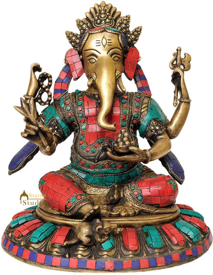 Turquoise Coral Inlay Work Lord Ganesha Metal Statue Red Blue Multicolour 11" by vendor-unknown - Hindu Gods (View 2)