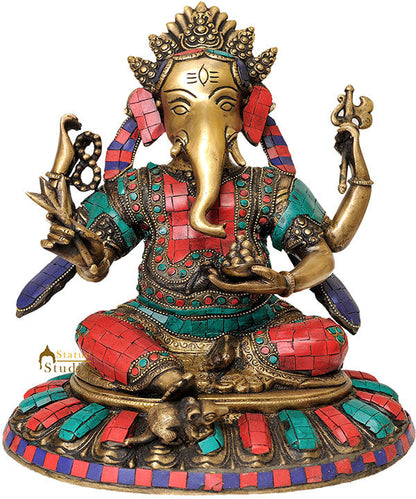 Turquoise Coral Inlay Work Lord Ganesha Metal Statue Red Blue Multicolour 11" by vendor-unknown - Hindu Gods