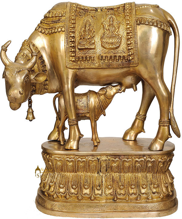 Large Size Holy Cow Traditional Metal Statue With Calf Saddle Base Gau Mata  21" - Image 2