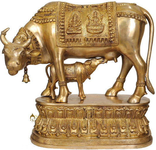 Large Size Holy Cow Traditional Metal Statue With Calf Saddle Base Gau Mata  21"