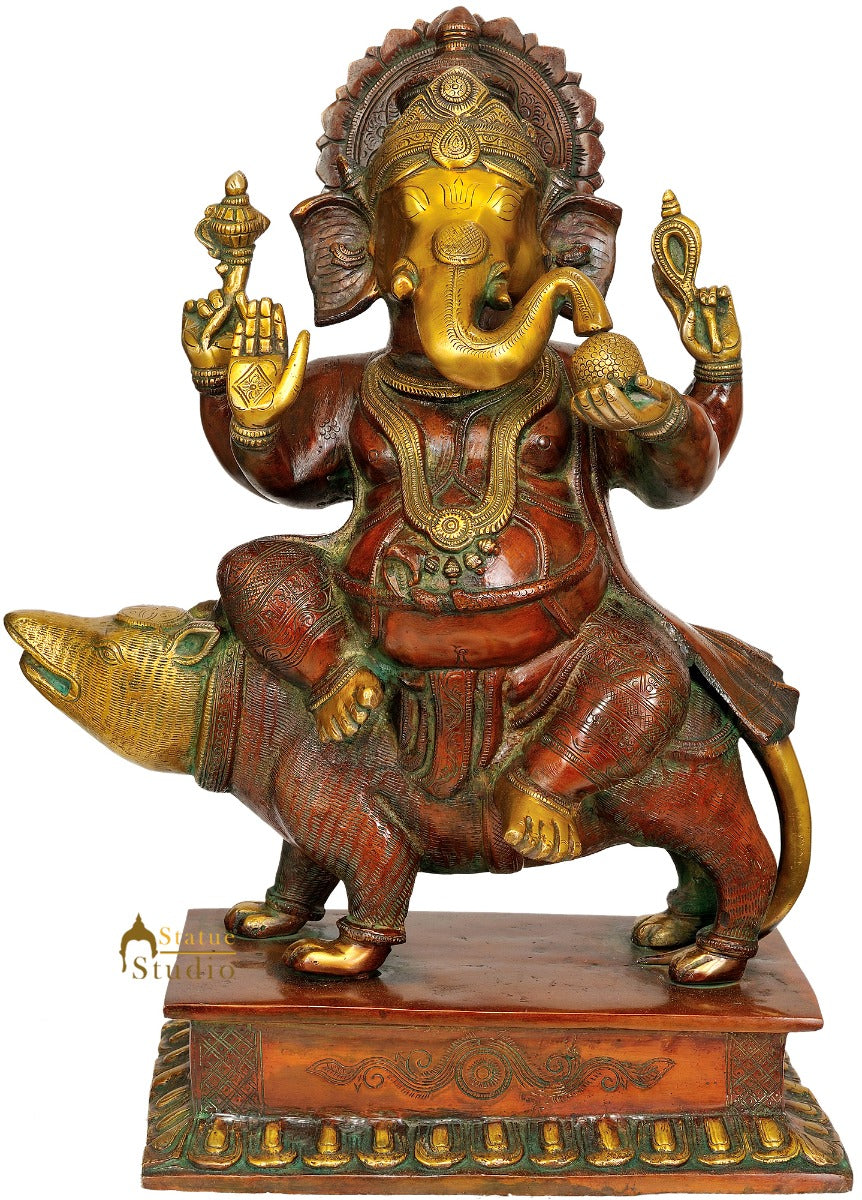 Large Size Handmade Lord Ganesha Statue Mounted On Mouse Ekakshara Roop 18" - Image 2