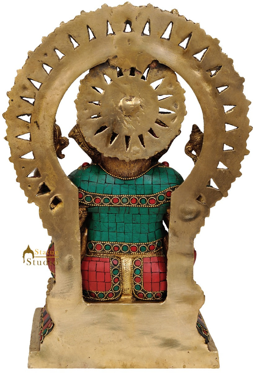 Shri Ganesha Sitting On Vedi Inlay Work Turquoise Coral Multicolour Red Blue 14"