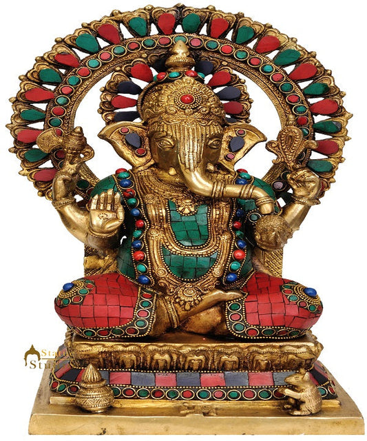Shri Ganesha Sitting On Vedi Inlay Work Turquoise Coral Multicolour Red Blue 14"