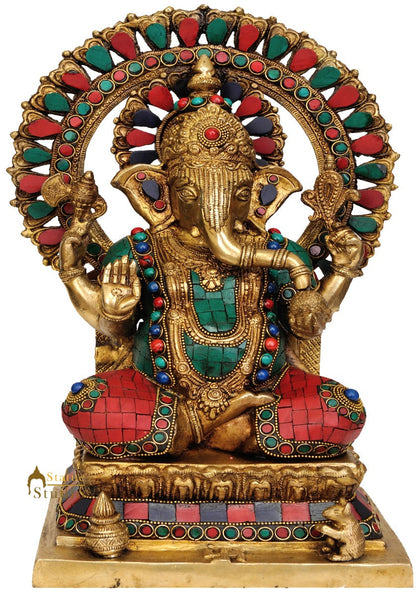 Shri Ganesha Sitting On Vedi Inlay Work Turquoise Coral Multicolour Red Blue 14" by vendor-unknown - Hindu Gods (View 2)