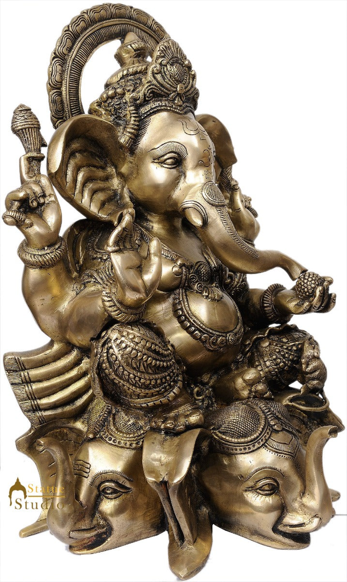 Big Size Deity Lord Ganesha Unique Style Sitting On Three Elephant Head 20.5" - Image 3