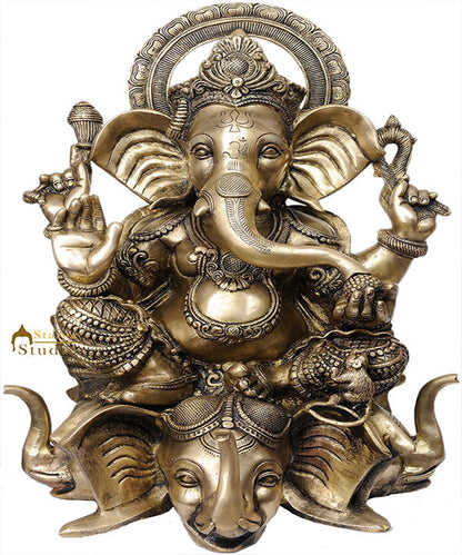 Big Size Deity Lord Ganesha Unique Style Sitting On Three Elephant Head 20.5" by vendor-unknown - Hindu Gods
