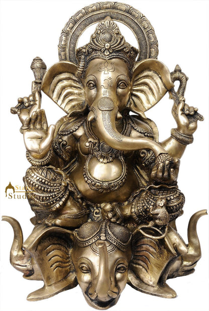 Big Size Deity Lord Ganesha Unique Style Sitting On Three Elephant Head 20.5" by vendor-unknown - Hindu Gods (View 2)