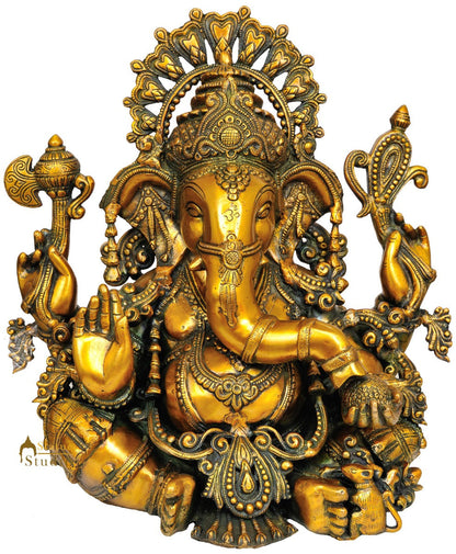 Crown Wearing Brass Statue Of Hindu Devta Ganesh Ji In Sitting Posture 16.5" by vendor-unknown - Hindu Gods (View 2)
