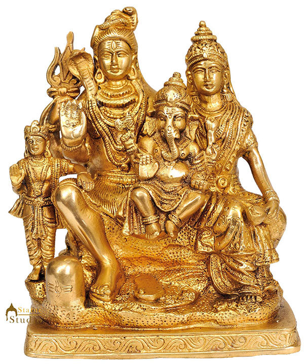 Brass Lord Shiva Family Goddess Parvati Baal Ganesha Lord Kartikeya Sculpture 8"