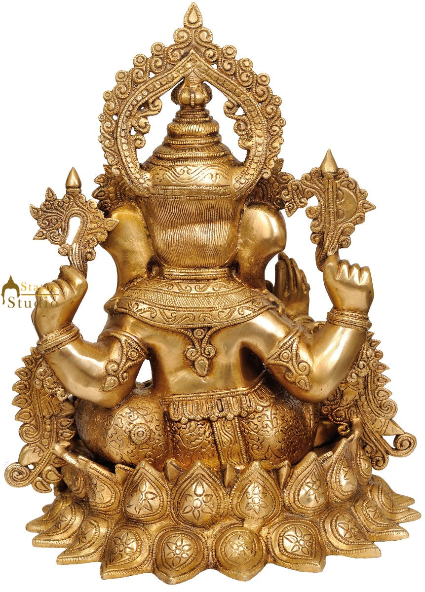 Hindu Devta Shri Ganesh Ji Statue Wearing Jewellery Sitting On Lotus Base 16" - Image 3