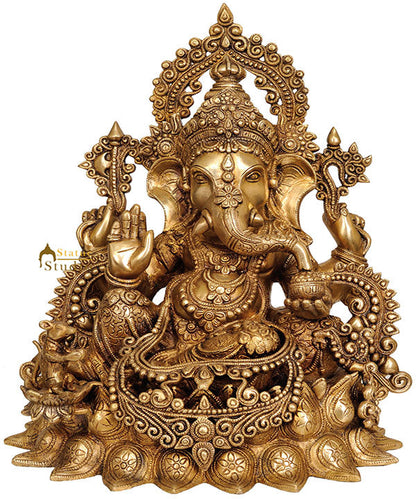 Hindu Devta Shri Ganesh Ji Statue Wearing Jewellery Sitting On Lotus Base 16" by vendor-unknown - Hindu Gods