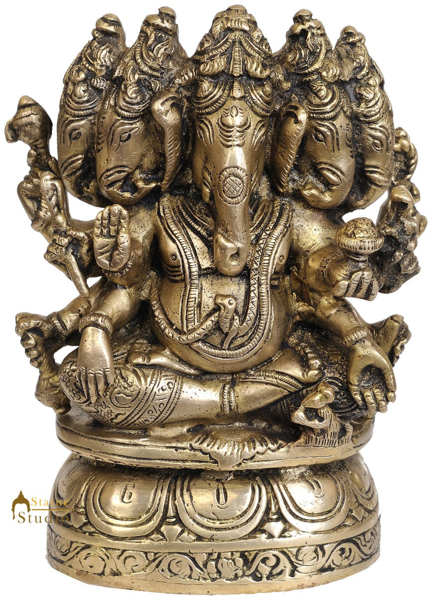 Panchmukhi Hindu God Sri Ganesha Brass Metal Statue With Five Heads With Base 8" - Image 2