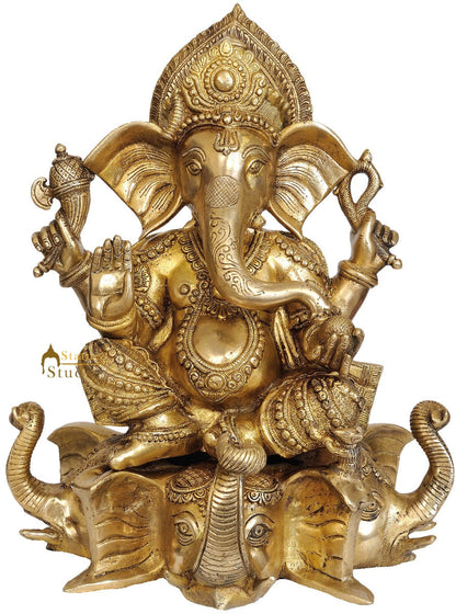 Indian Handicraft Lord Ganesh Fancy Statue Sitting On Three Elephant Heads 16.5" by vendor-unknown - Hindu Gods (View 2)