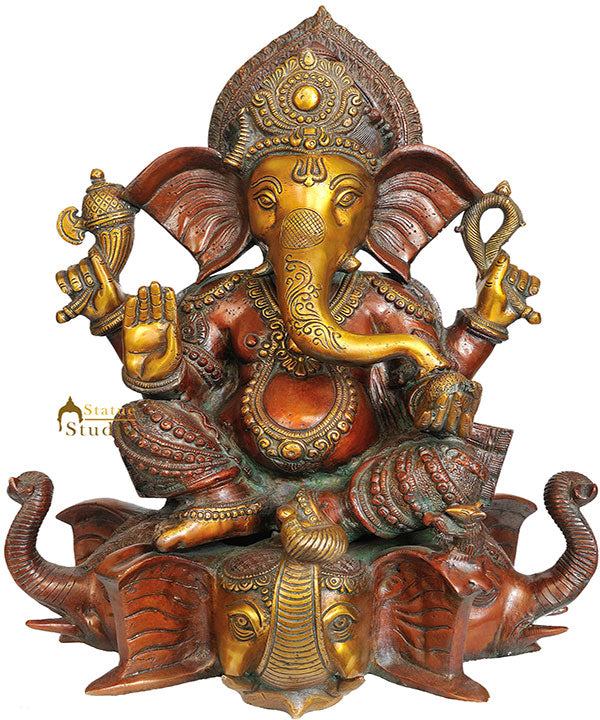 Lord Shri Ganesha Decorative Metal Statue Mounted On 3 Elephant Heads 16.5" - Eco-friendly - Sama Homes