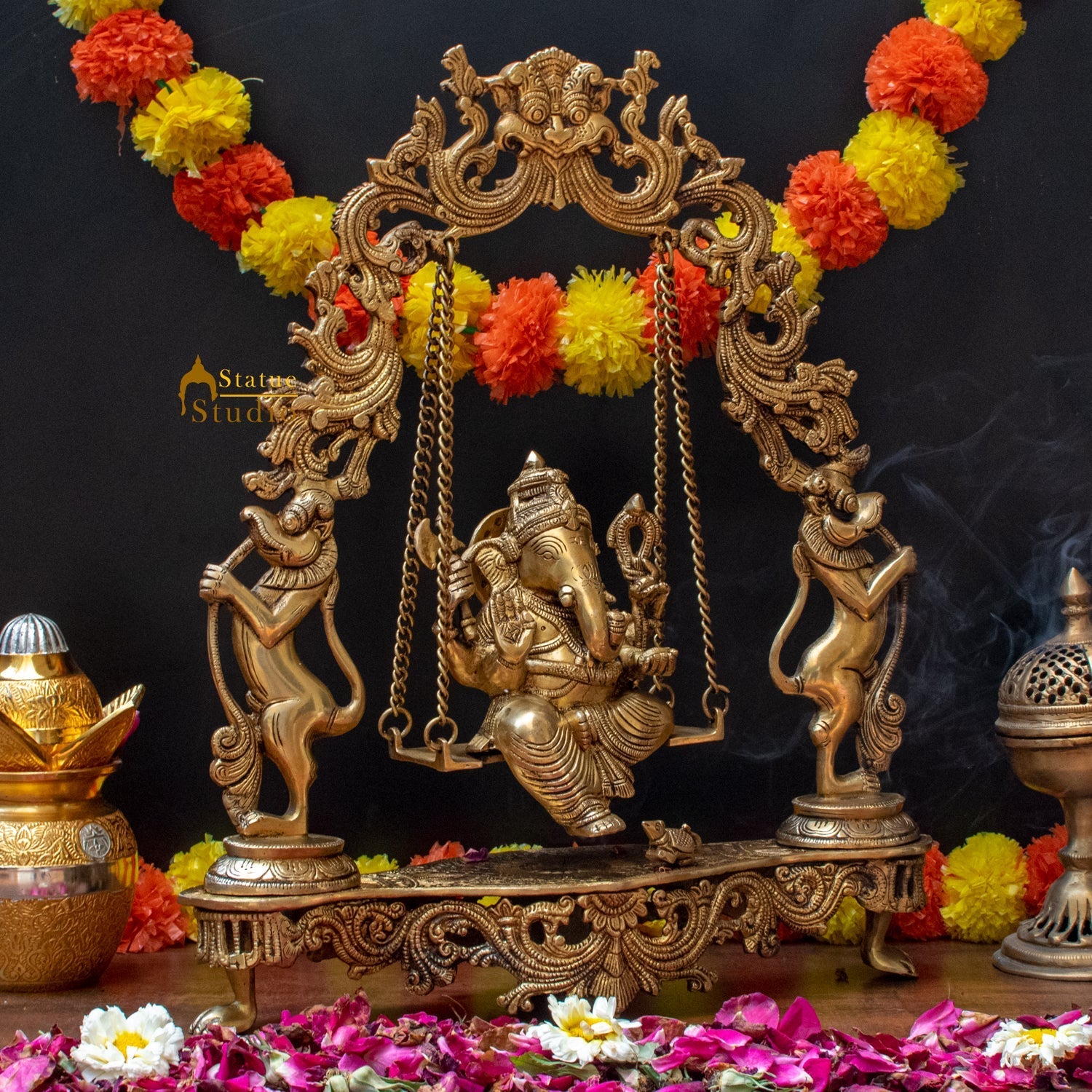 Brass Large Ganesha Idol On Swing For Home Office Temple Decor 1.5 Feet - Image 3