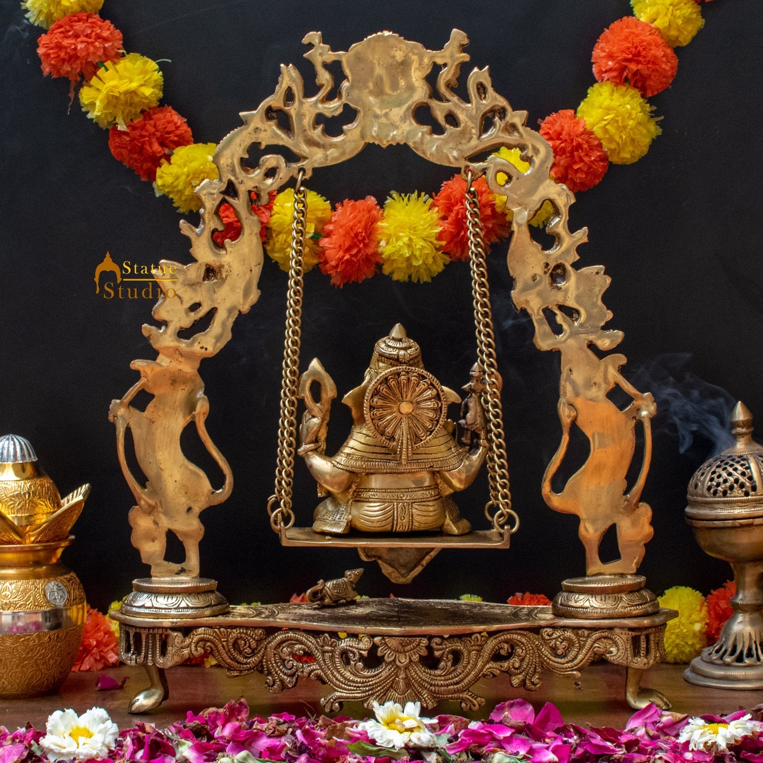 Brass Large Ganesha Idol On Swing For Home Office Temple Decor 1.5 Feet - Image 4