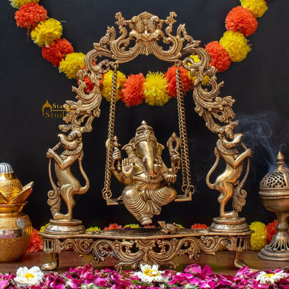 Brass Large Ganesha Idol On Swing For Home Office Temple Decor 1.5 Feet by vendor-unknown - Hindu Gods