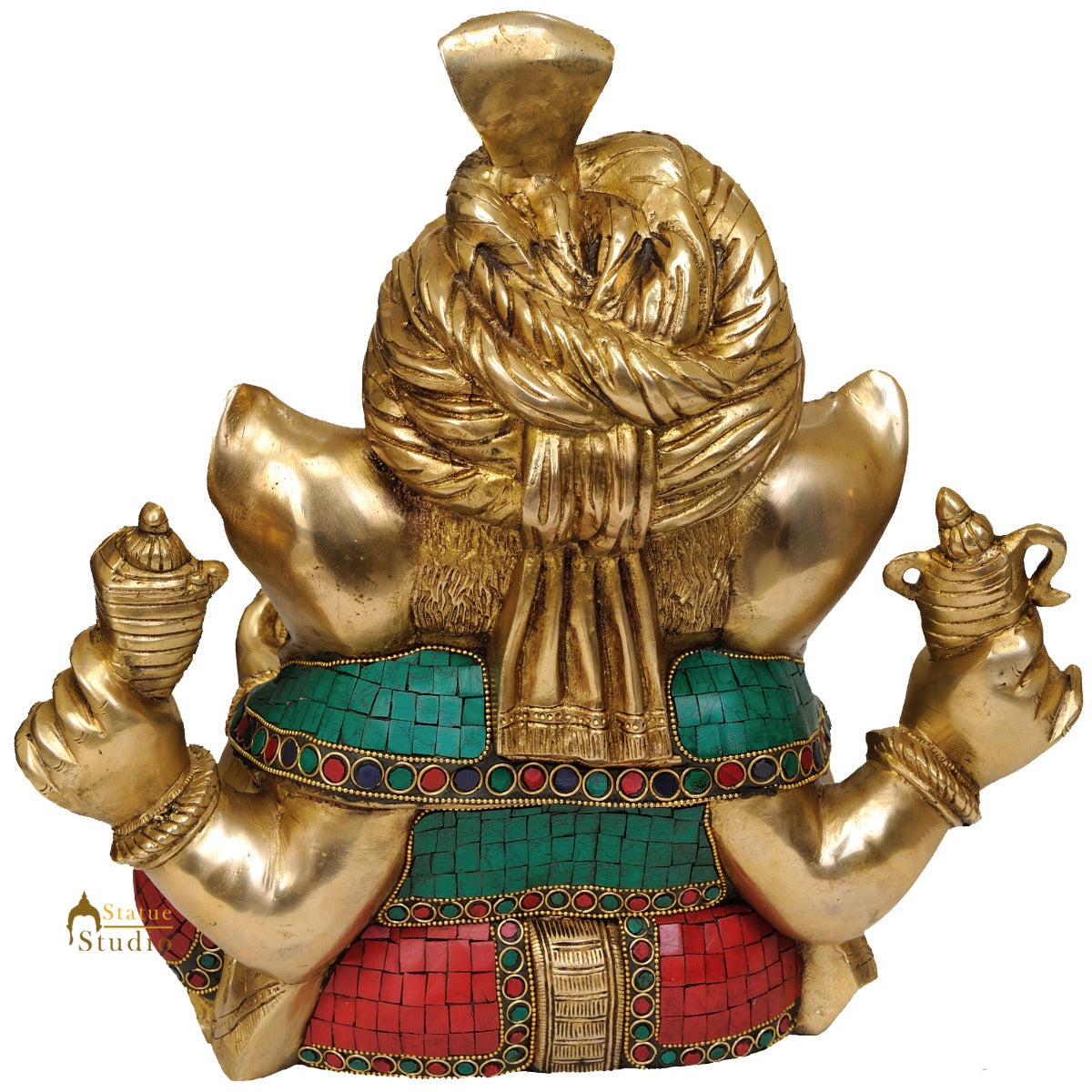 Multicolour Lord Ganesha Turban Wear Statue With Turquoise Coral Inlay Work 14" - Image 3