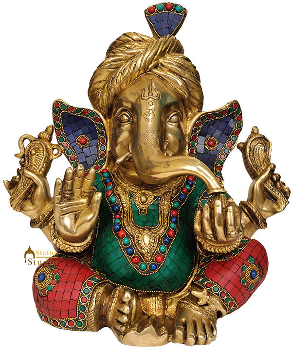 Multicolour Lord Ganesha Turban Wear Statue With Turquoise Coral Inlay Work 14"