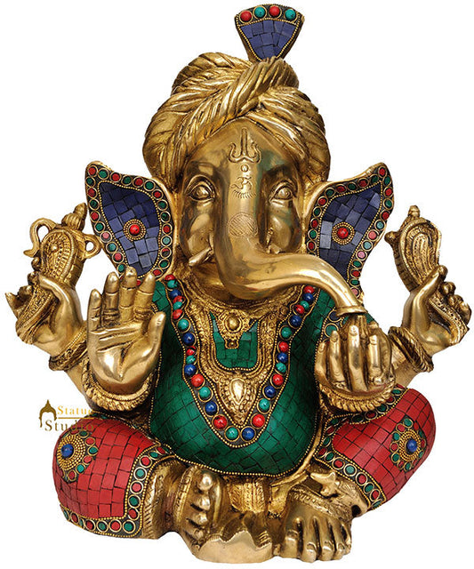 Multicolour Lord Ganesha Turban Wear Statue With Turquoise Coral Inlay Work 14"