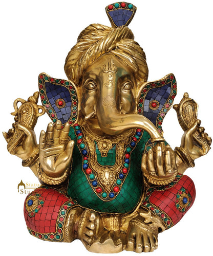 Multicolour Lord Ganesha Turban Wear Statue With Turquoise Coral Inlay Work 14" by vendor-unknown - Hindu Gods (View 2)