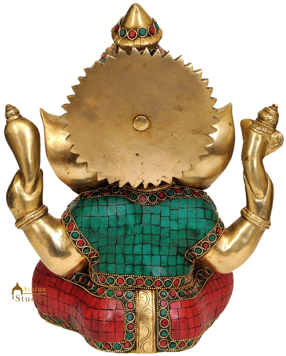 Lord Ganesha Inlay Work Turquoise Coral Metal Showpiece Fancy Gift Statue 12.2" - Image 3