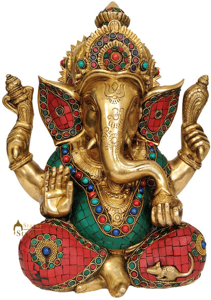 Lord Ganesha Inlay Work Turquoise Coral Metal Showpiece Fancy Gift Statue 12.2" by vendor-unknown - Hindu Gods (View 2)