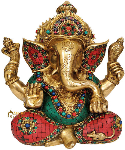 Lord Ganesha Inlay Work Turquoise Coral Metal Showpiece Fancy Gift Statue 12.2" by vendor-unknown - Hindu Gods