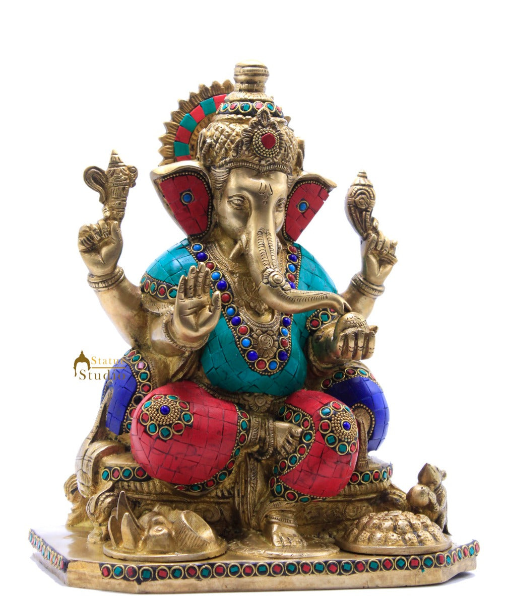 Hindu Deity Ganesha Statue With Turquoise Coral Inlay Work With Offerings 12" - Image 3