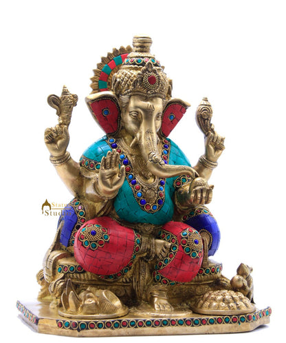 Hindu Deity Ganesha Statue With Turquoise Coral Inlay Work With Offerings 12" by vendor-unknown - Hindu Gods (View 3)