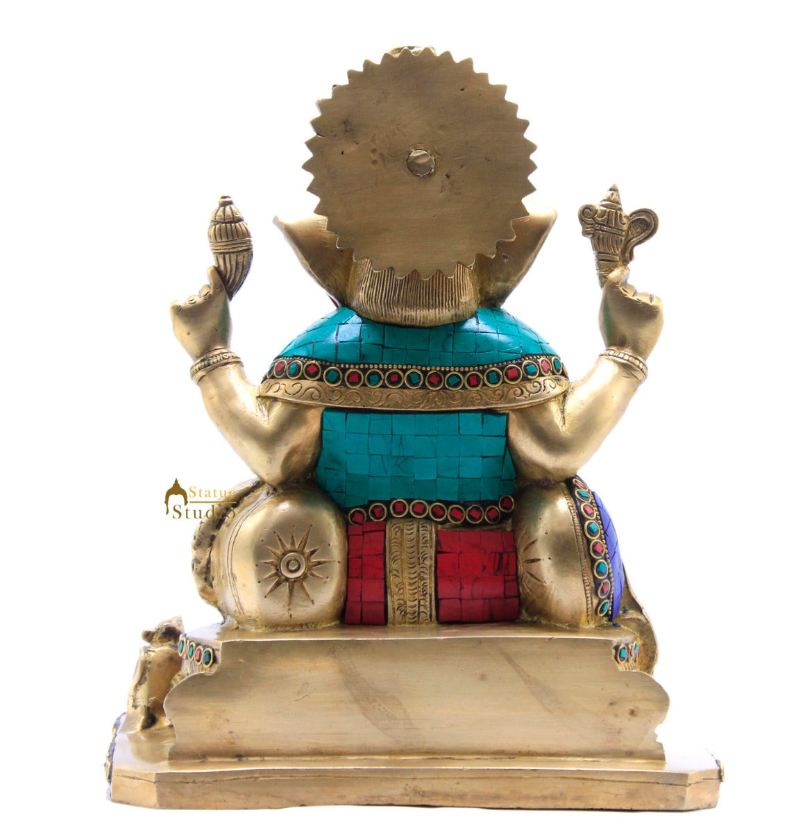 Hindu Deity Ganesha Statue With Turquoise Coral Inlay Work With Offerings 12" - Image 4