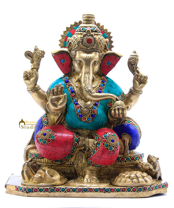 Hindu Deity Ganesha Statue With Turquoise Coral Inlay Work With Offerings 12" - Eco-friendly - Sama Homes