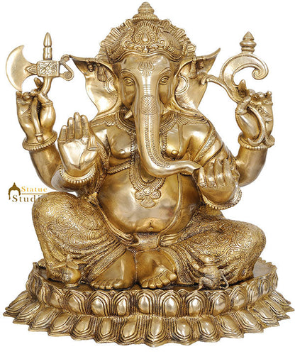 Large Size Hindu Lord Ganesha Brass Figure Sitting On Lotus Flower Showpiece 22" by vendor-unknown - Hindu Gods