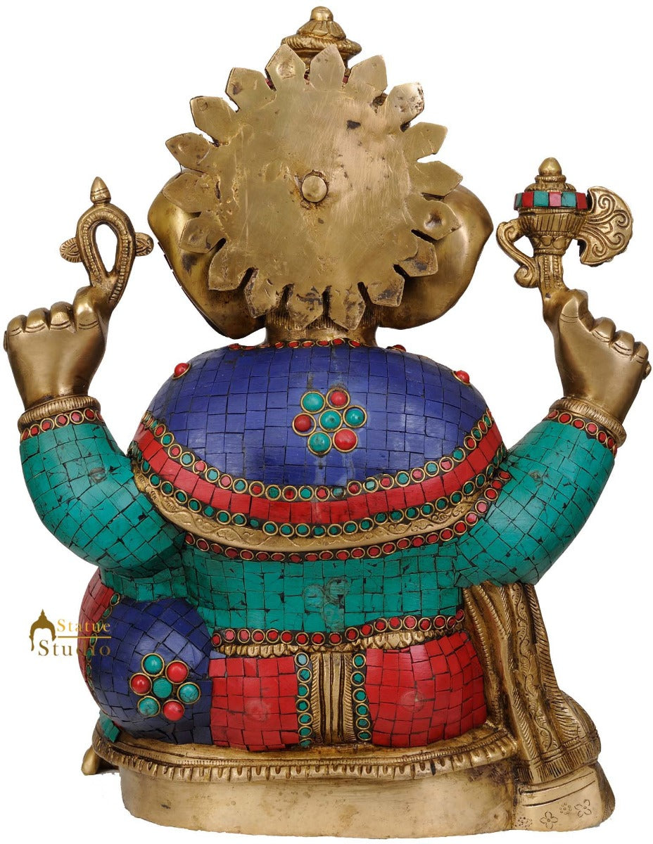 Large Turquoise Coral Fancy Inlay Work Ganesha Multicolour Showpiece Statue 18" - Image 3