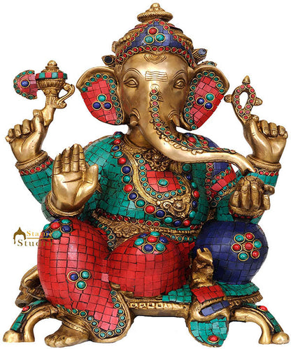 Large Turquoise Coral Fancy Inlay Work Ganesha Multicolour Showpiece Statue 18" by vendor-unknown - Hindu Gods