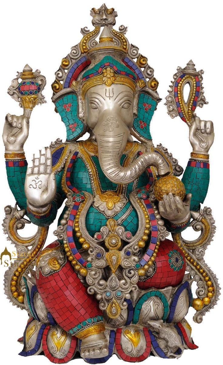 Big Turquoise Coral Multicolour Lord Ganesha Brass Statue Fancy Gifting  21.5" - Image 2