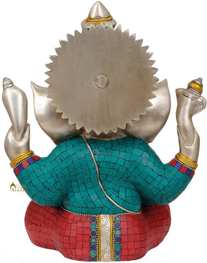 Crowned Lord Ganesha Gift Statue With Turquoise Coral Fancy Inlay Work 12.5" by vendor-unknown - Hindu Gods (View 3)