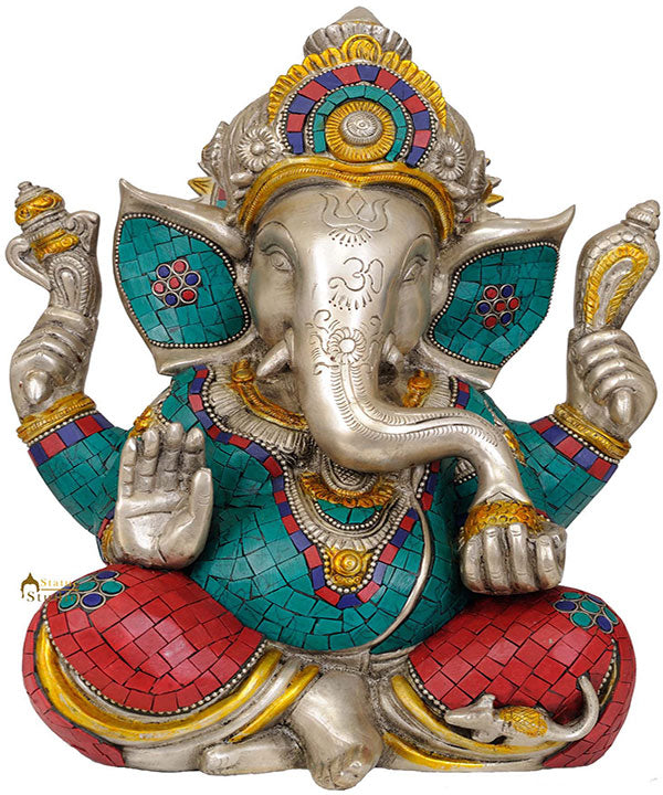 Crowned Lord Ganesha Gift Statue With Turquoise Coral Fancy Inlay Work 12.5" - Eco-friendly - Sama Homes