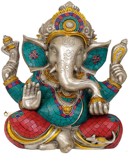 Crowned Lord Ganesha Gift Statue With Turquoise Coral Fancy Inlay Work 12.5" by vendor-unknown - Hindu Gods