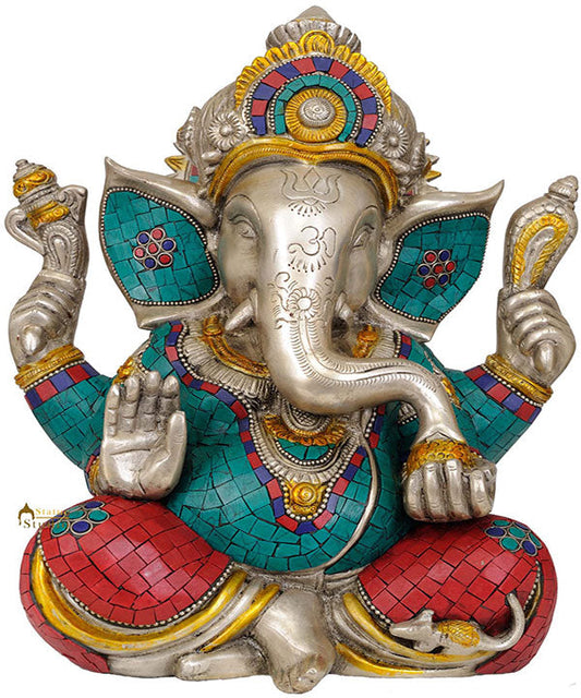 Crowned Lord Ganesha Gift Statue With Turquoise Coral Fancy Inlay Work 12.5"