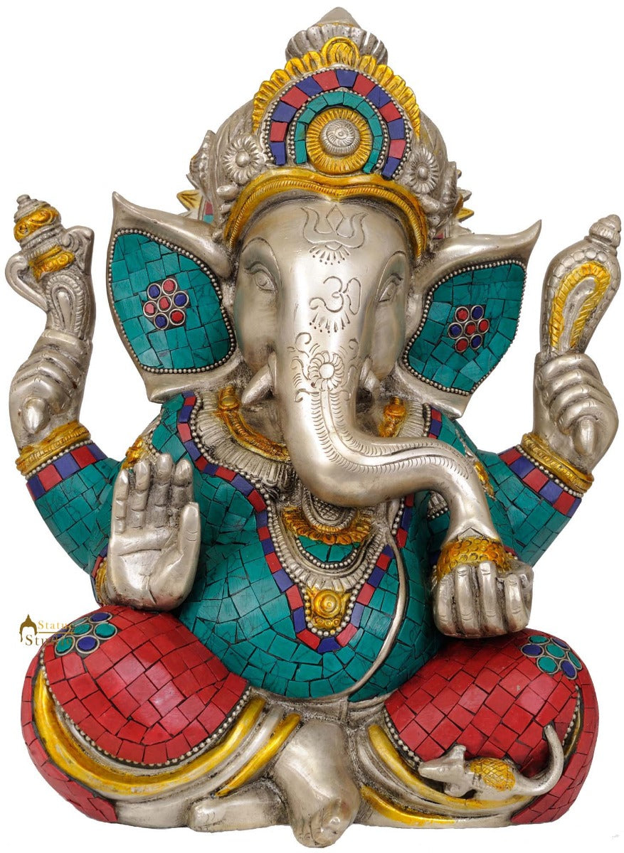 Crowned Lord Ganesha Gift Statue With Turquoise Coral Fancy Inlay Work 12.5" - Image 2