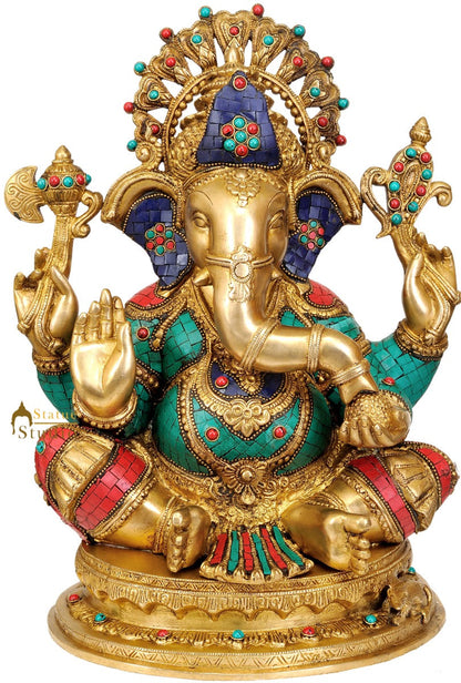Large Size Turquoise Coral Fancy Brass Statue Lord Shri Ganesha With Base 19" by vendor-unknown - Hindu Gods (View 2)