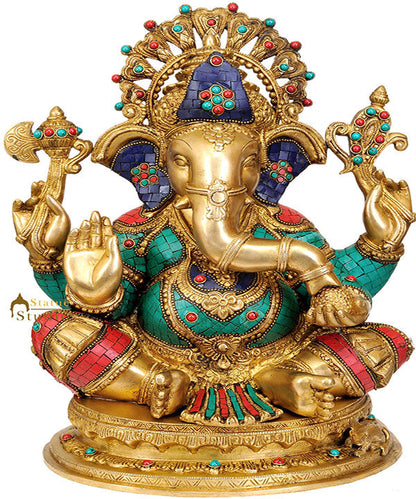Large Size Turquoise Coral Fancy Brass Statue Lord Shri Ganesha With Base 19" by vendor-unknown - Hindu Gods