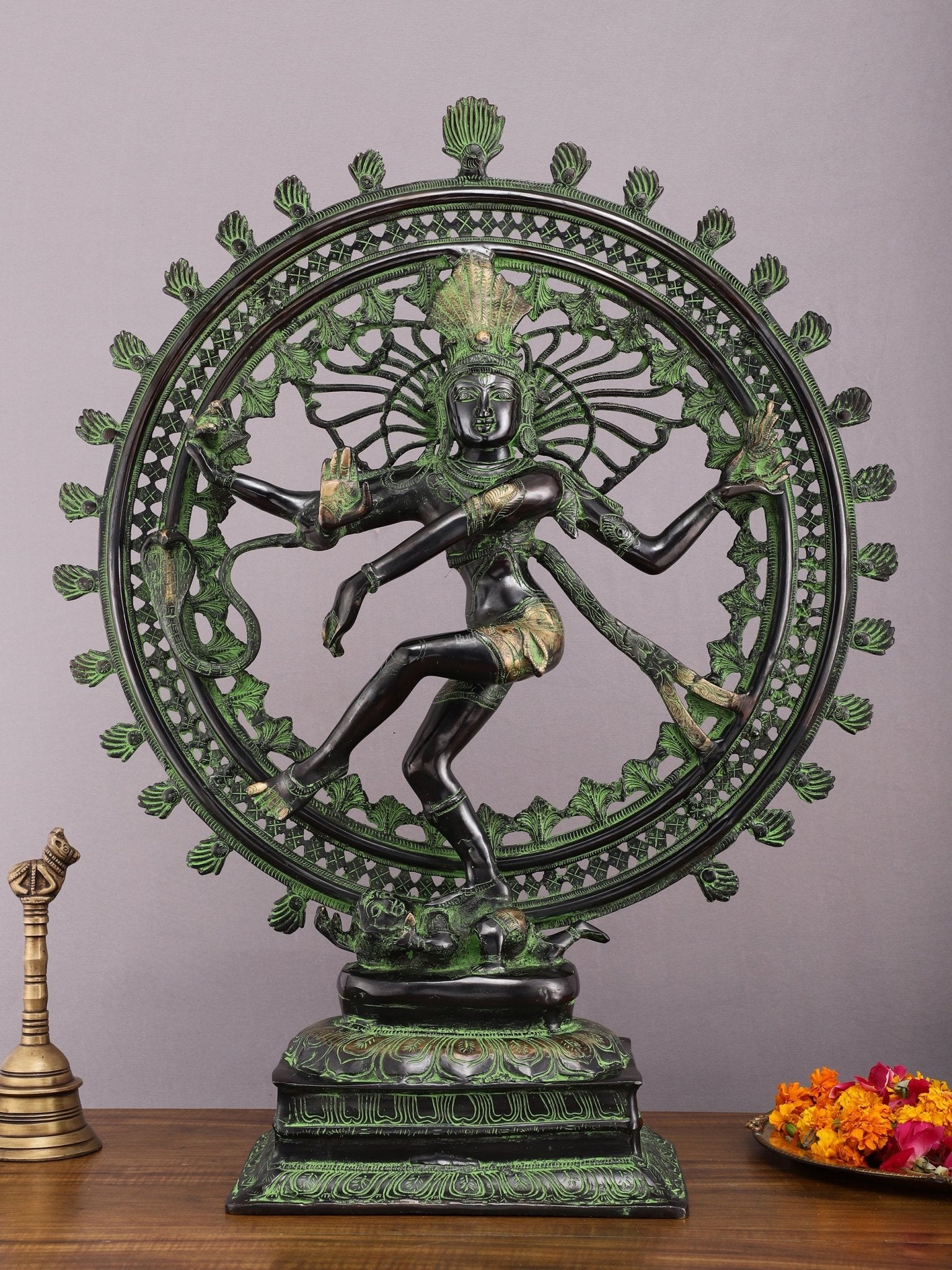 28" Superfine Brass Nataraja Statue - Golden Allure with Vintage Green and Black Touch | 100% Certified Copper & Brass - Sama Homes Idol - Brass Sculpture - Eco-friendly - Sama Homes