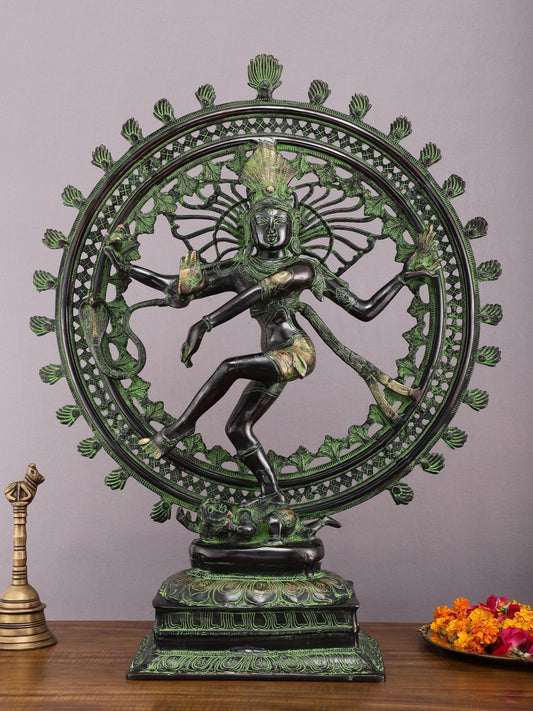 28" Superfine Brass Nataraja Statue - Golden Allure with Vintage Green and Black Touch | 100% Certified Copper & Brass - Sama Homes Idol - Brass Sculpture