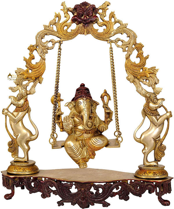 Hindu Deity Shri Ganesha On Swing Decorative Fancy Arch And Base For Gifting 18"