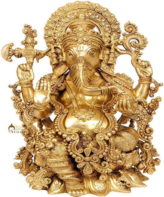 Lord Ganesha Lotus Mounted Decorative Gift Statue Wearing Jewellery 16.5"