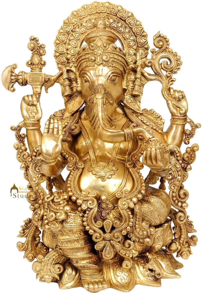 Lord Ganesha Lotus Mounted Decorative Gift Statue Wearing Jewellery 16.5" - Image 2